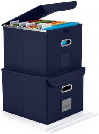 File Organizer Box with Lid (Navy Blue, 14.9 x 12.59 x 10.8 inch, 2-Pack)