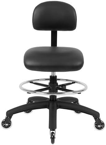 FSS Series Square seat (20"-28") seat Height Chair. Vinyl-for Office, Garage, Desk, Shop, Computer, Doctor, Medical, Easy to Clean! 18" Footring (Black, Mid Stool, Rubber Roller Casters)