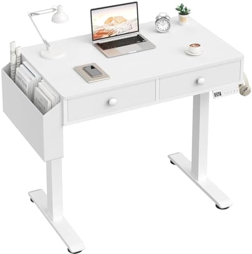 KLUVIS Small Electric Standing Desk with Drawers, 32 Inch, White