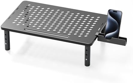 Computer Monitor Stand Riser for Desk, 3 Height Adjustable PC Laptop TV Desktop Monitor Stand Shelf, Metal Printer Table with Phone Holder, Stand Riser for Desk, Office Desk Organizers and Accessories, 1 Pack