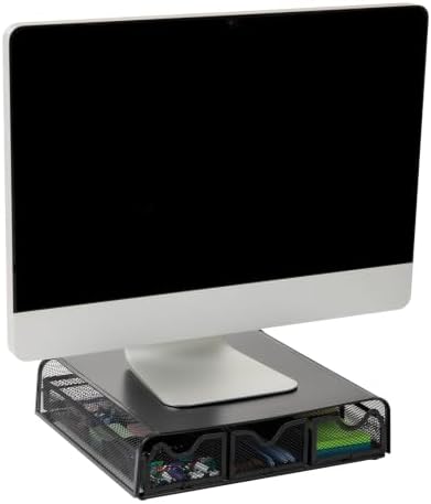 Mind Reader Monitor Stand, Ventilated Laptop Riser, Desktop Organizer, Storage, Metal Mesh, 13.25"L x 12.5"W x 3"H, Black