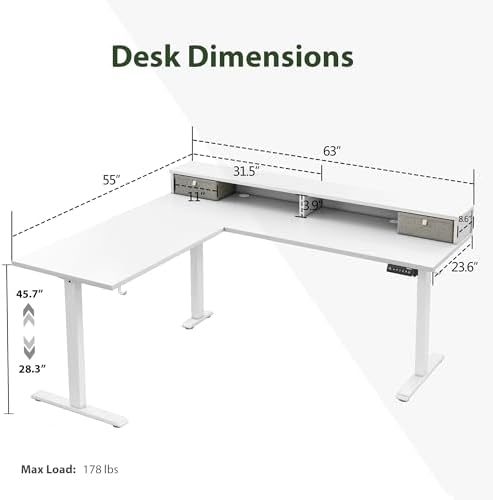 Agilestic 63 Inch L Shaped Electric Standing Desk with Drawer, White