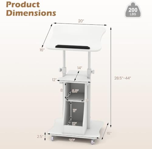 Tangkula Mobile Lectern Podium, Height Adjustable Podium Stand, Standing Sit-to-Stand Desk, Rolling Cart Laptop Desk with Swivel Top Movable Wheels & Storage