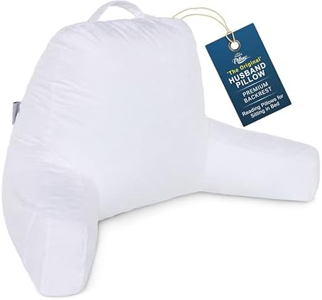 Husband Pillow White, Original Reading Pillow in Bed Rest Chair, Shredded Memory Foam Large Lounge Cushion Adult Backrest with Arms, Comfy Back Support for Sit Sitting Up, Washable/Removable Cover