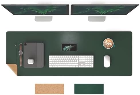 RENMTURE Dual-Sided Mouse Pad, Natural Cork & PU Leather Large Desk Pad for Office and Home Work, Desk Protector Non-Slip, Waterproof, Easy Clean (Dark Green, 47"x17")
