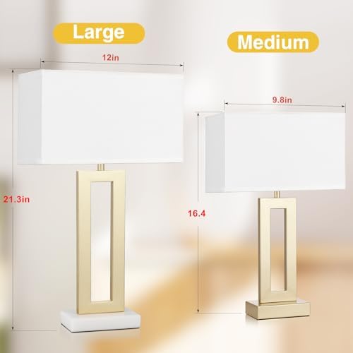 Seealle 22" Tall Bedroom Lamps for Living Room - Gold Bedside Lamps with Marble Base, Lamp for Nightstand with Knob Switch, Modern Night Stands Lamps for End Tables(White&Gold&Marble)