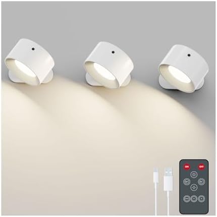 Koopala 3PACK Rechargeable LED Wall Sconce, Cordless Battery with Remote, Powered Wall Sconce, 3 Brightness Levels, 360° Swivel Magnetic Shade for Bedrooms, Hallways, Den and Reading Spaces（White）