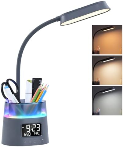 Led Desk Lamp with Pen Holder, Touch Lamps for Nightstand Eye-Caring Bedside Reading Light with Clock, Office Lamps Stepless Dimming, Lamp for Dorm Room, Suitable for Kid/Girl/Boy (Gray)
