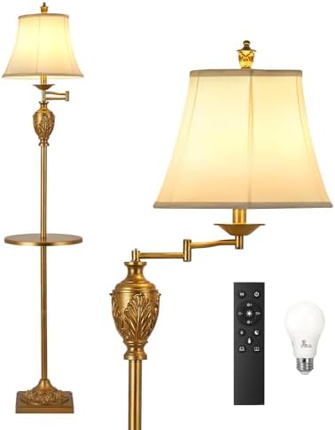 Traditional Floor Lamp with Tray, Remote Dimmable, 350° Swing Arm and Gold