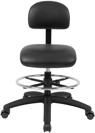 FSS Series Square seat (19"-27") seat Height Chair. Vinyl-for Office, Garage, Desk, Shop, Computer, Doctor, Medical, Easy to Clean! 18" Footring (Black, Mid Stool, Self Braking Casters)