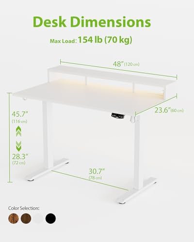 Agilestic 48 * 24 Inch Electric Standing Desk with Shelf & Led, White