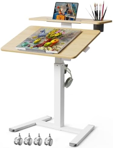 28" Mobile Standing Desk, Tiltable Top with 2-Tier Shelves, Maple