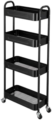 4 Tier Slim Storage Cart with Wheels for Laundry Room Between Washer and Dryer, 7.1'' Narrow Rolling Cart with Wheels and Lockable Casters, Metal Thin Standing Shelf for Small Space, Black