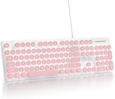 surmen Cute Quiet Keyboard Pink Wired Typewriter Keyboard, Light Up Backlit PC Keyboards with Retro Round Keys Full Size 104 Keys for Office Computer (Pink)