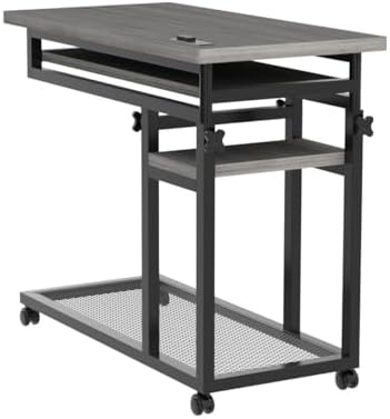 Tribesigns Small Portable Desk with Power Outlet, Height Adjustable Sofa Couch Bedside Laptop Table with Wheels, Mobile Standing Desk Rolling Computer Cart C Side Table with USB Ports