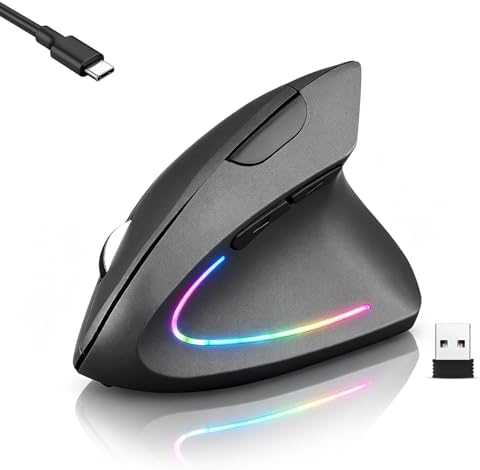Wireless Bluetooth Ergonomic Vertical Mouse, Rechargeable Silent Slim Laptop Mouse,Portable(BT5.2+USB Receiver) LED Dual Mode Computer Mice,for Laptop,Desktop Computer,ipad Tablet,Phone,TV (Grey）