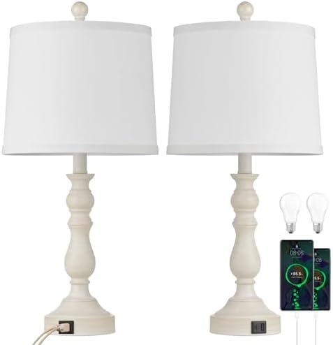 23'' Table Lamps Set of 2, Lamps for Bedroom, USB C+A Ports, Beige
