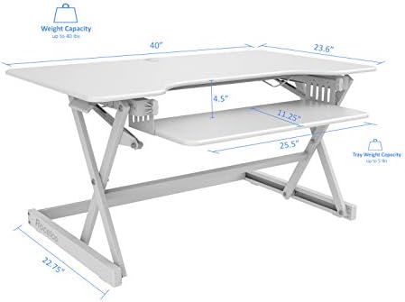 Rocelco 40" Large Height Adjustable Standing Desk Converter - Quick Sit Stand Up Dual Monitor Riser - Gas Spring Assist Computer Workstation - Retractable Keyboard Tray - White (R DADRW-40)