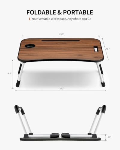 FISYOD Foldable Laptop Table, Portable Lap Desk Bed Table Tray, Laptop Stand with Cup Holder & Tablet Slot & Lifting Handle for Working Writing Drawing & Eating (Walnut)