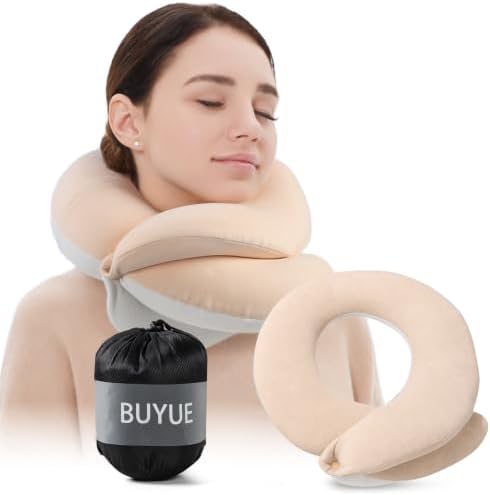 BUYUE Travel Neck Pillows for Airplanes, Memory Foam 360° Head Support Sleep for Long Flight, Skin-Friendly & Breathable, Kit with Eye Mask, Earplugs and Storage Bag (Adult, Beige, 90+ lbs)