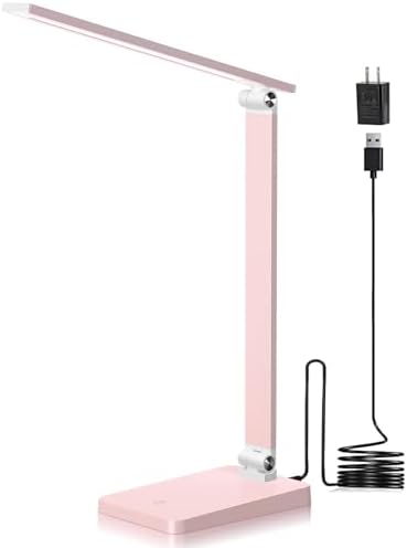 LED Desk Lamp for Home Office, 3 Levels Dimmable Desk Light with USB Charging Port, Reading Lamp for Table Study Work Office Nail Craft Puzzle, Pink, 5000K
