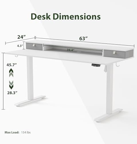 Agilestic 63 * 24 Inch Electric Standing Desk with Drawers, White