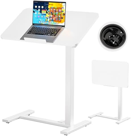 BIZUM Mobile Standing Desk Laptop Desk Pneumatic with Wheels 180° Tilt Top Hospital Bed Table Portable Rolling Cart Foldable Bedside Table for Hospital&Home Use, White