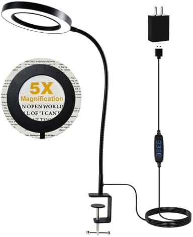 LED Magnifier with Light, 5X Magnifying Desk Lamp with Clamp