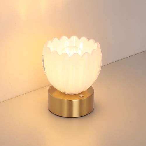 Shenmoyl Cordless Small Table Lamp with 5200mAh Battery & Touch Control, Battery Operated Tulip Table Lamp with 3 Colors, Rechargeable Mini Table Lamps for Bedsides, Bedroom, Nightstand (White)