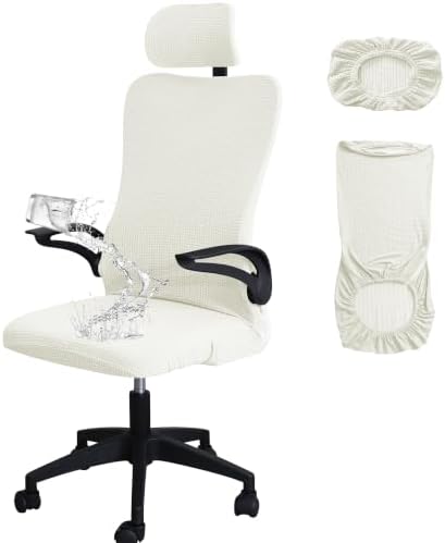 Off-White Ergonomic Office Chair Cover with Headrest Cover Water-Repellent Stretch 2-Piece Jacquard Office Desk Chair and Headrest Slipcover Cat Scratch Proof Washable