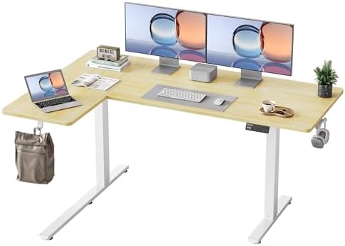 YIHAYO Reversiable L-Shaped Electric Standing Desk, 59 Inches Stand Up Corner Desk, Sit and Stand Up for Work Office Home, Ergonomic Rising Computer Table with Splice Board, Natural
