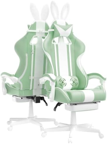 Ferghana Kawaii Grass Green Gaming Chair with Bunny Ears, Ergonomic Cute Gamer Chair with Footrest and Massage, Racing Reclining Leather Computer Game Chair 250lbs for Girls Adults Teens Kids