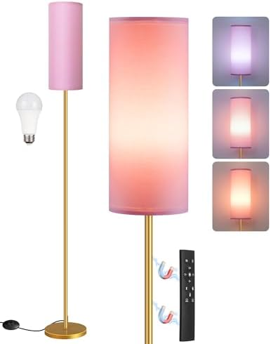 Dimmable Pink Floor Lamp for Living Room with Remote and Foot Switch, Corner Floor Lamp, 64.4'' Standing Tall Lamp, 10W 900LM Bulb Included, 3000K-6500K, Linen Shade, Gold Pink, FCC Listed DP06LD05W1