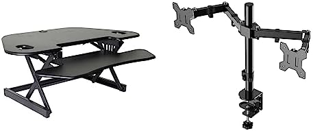 Rocelco 46" Height Adjustable Corner Standing Desk Converter with Dual Monitor Arm Bundle - Quick Sit Stand Up Computer Workstation Riser - Extra Large Keyboard Tray - Black (R CADRB-46-DM2)