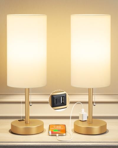 17.4" Gold Bedside Table Lamps Set of 2 - Bedroom Lamp, USB C+A, AC Outlet