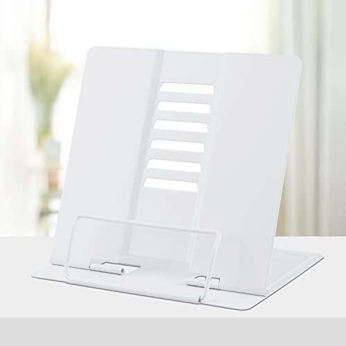 Honagu Book Stand Metal Desk Book Holder, Book Holders for Reading Hands Free, Adjustable Cookbook Documents Holder, Portable Bookstand for Music Books, Textbook, Recipe, Tablet, Ipad (White)