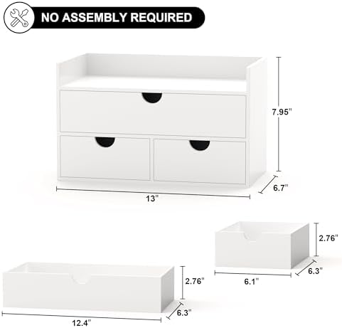 Bamboo Desk Organizer with Drawers Desktop Storage Drawers for Bills Office Supplies Kitchen Utensils Organizing Tool for Home Classroom Organization No Assembly (White with Shelf)