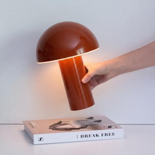 Brightech Celia Table Lamp – 10" Touch-Controlled Mushroom Accent Lamp, Cordless & Dimmable LED, Portable & Rechargeable Bedside Night Light, Sustainable Recycled Modern Patio Lamp for Home Décor, Red