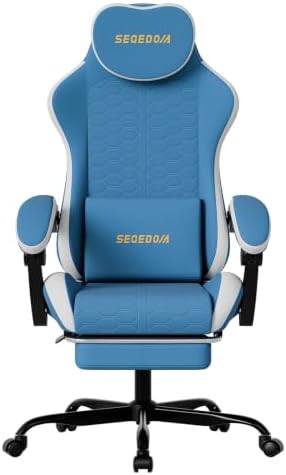 Honeycomb Embossed Gaming Chair with Footrest & Massage Lumbar Support, Adjustable Ergonomic Office Chair for Adults, 300 lbs (Blue White)