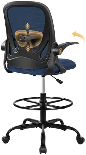 Primy Drafting Chair Tall Office Chair with Flip-up Armrests Executive Ergonomic Computer Standing Desk Chair with Lumbar Support and Adjustable Footrest Ring (Navy)