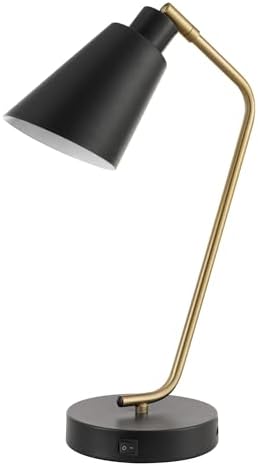 Globe Electric 52095 Belmont 17" Desk Lamp, Matte Black, Antique Brass Accents, Fast Charging USB Port, Rocker On/Off Switch