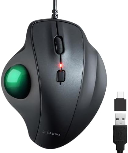 SANWA Wired Trackball Mouse, USB-C/A, Silent Clicks, Programmable, Green