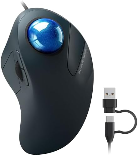 Wired Ergonomic Trackball Mouse for Large Hands, 44mm Index Finger Control