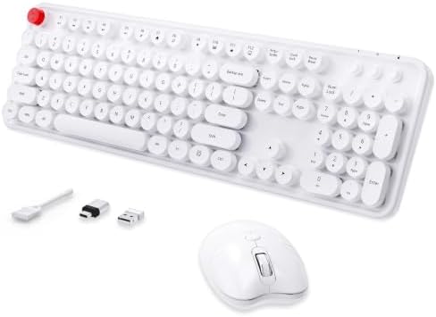 Wireless Keyboard Mouse, MOFII 104 Keys Cute Retro Typewriter White