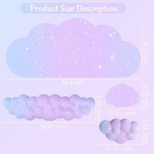 Cloud Mouse Pad Keyboard Wrist Rest for Mouse 4PCS Extended Large Stars Galaxy Space Desk Mat Pad Set Memory Foam Non-Slip Cute Ergonomic Game Mouse Wrist Support for Computer Home Office Purple Blue