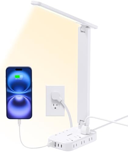 Desk Lamp,Power Strip with 6 AC Outlets & 4 USB Ports, Dorm Room Essentials