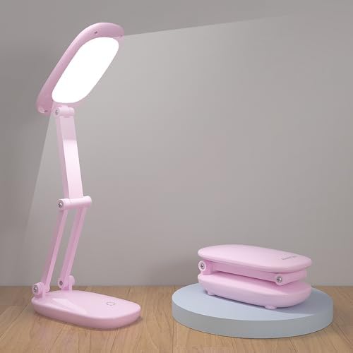 Akejrym LED Desk Lamp for Office Home & Battery Operated Lamp Rechargeable Lamp Foldable & Portable Light, [2-Fold Bracket] 3 Brightness Dimmable Small Desk Lamp Wireless Reading Lamp (Pink)