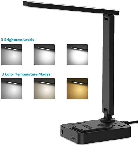 Drevet LED Desk Lamp with Wireless Charger, Desk Table Light with USB Charging Port and 2 Outlets, 3 Lighting Modes, 3 Level Brightness, 1H Timer, Touch Control, Eye-Caring Home Office Foldable Lamp