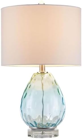 Pemberly Row Contemporary Table Lamp, 23.5" H, Blue-Green Glass Base, White Drum Shade, Adjustable Tilt, 72-Inch Clear Cord, Includes Spiral CFL Bulb, Modern Lighting for Living Room or Bedroom Use