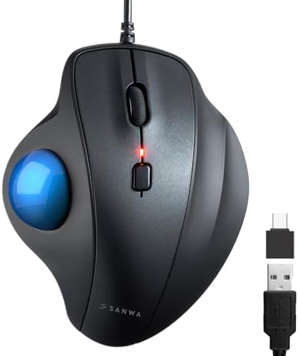 SANWA Wired Trackball Mouse, USB-C/A, Silent Clicks, Programmable, Blue